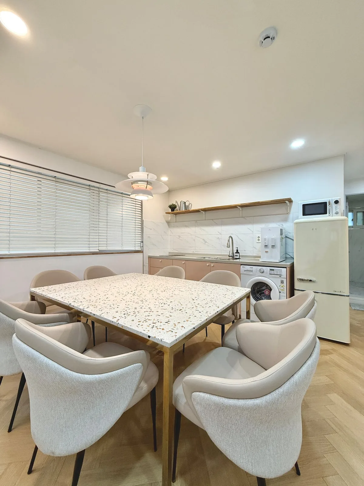 Dining table and kitchen
