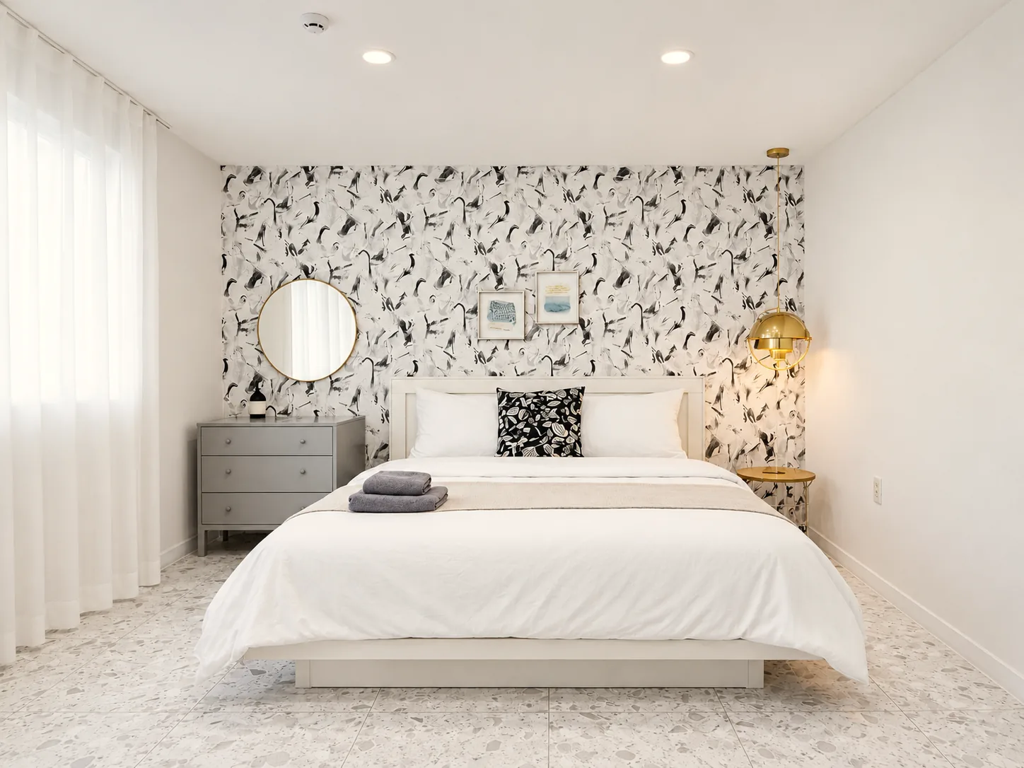 Bedroom with patterned wall
