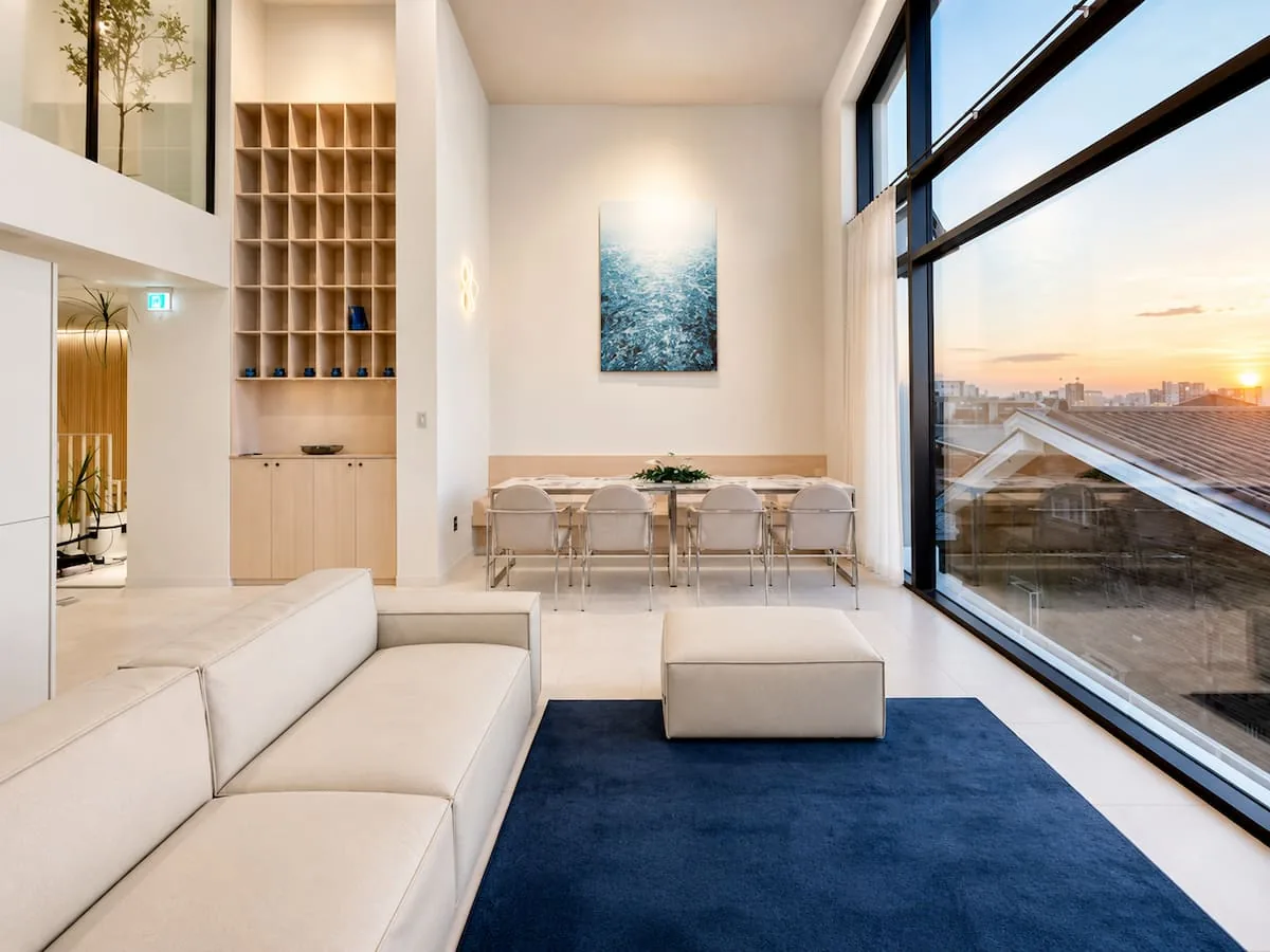 Foreste C living room at sunset