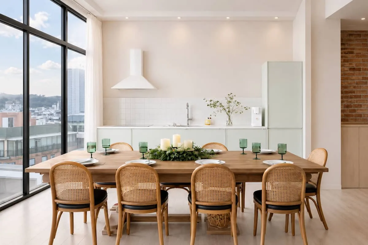 Foreste D dining table and kitchen