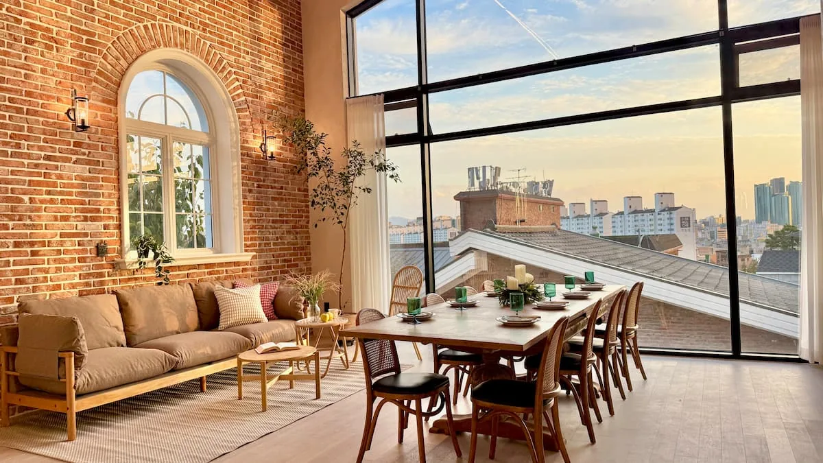 Foreste D living and dining room at sunset