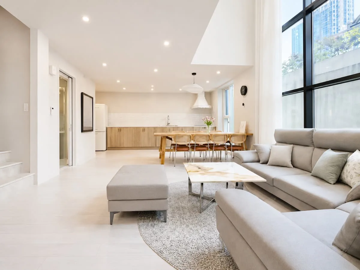 First-floor living room and dining table