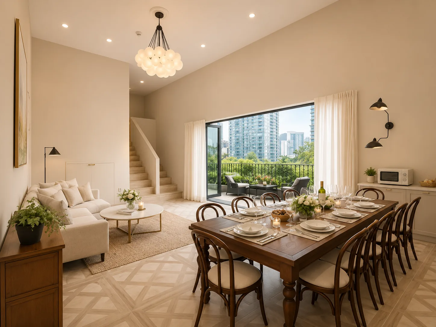 Dining table and living room