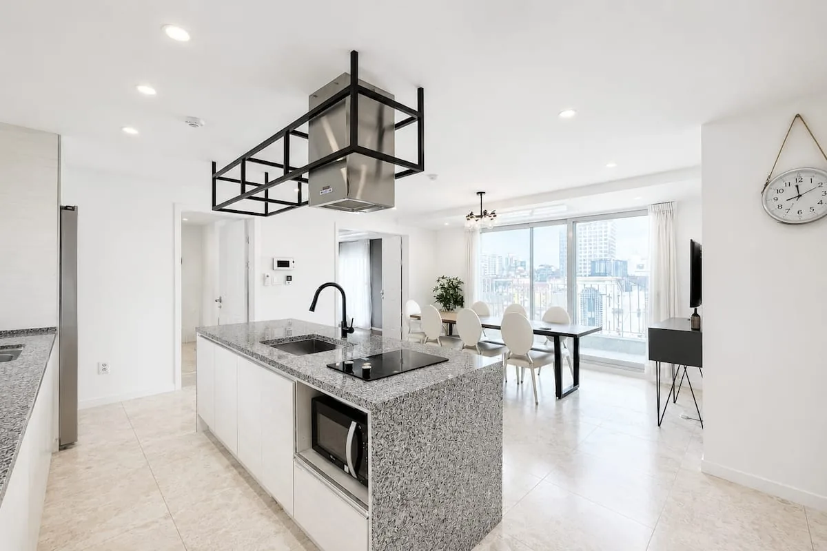 Kitchen island with living room behind